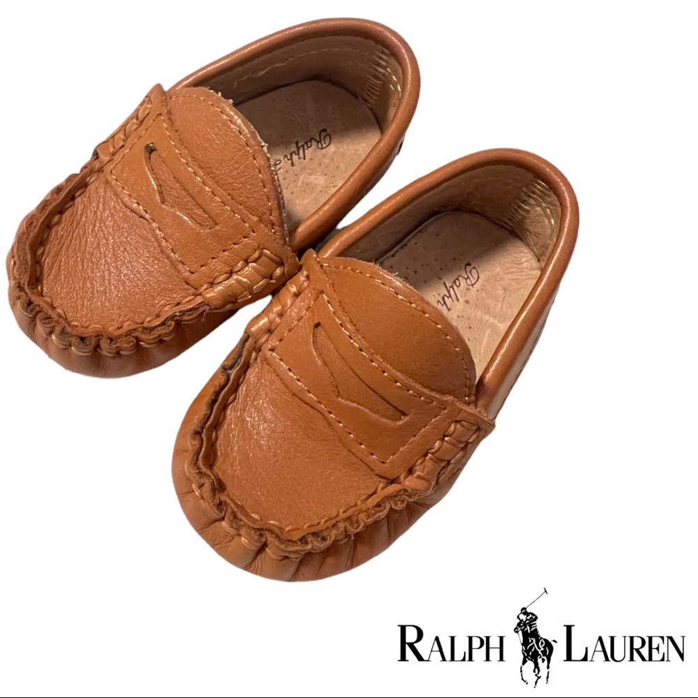 Ralph Lauren Baby Boy Brown Leather Loafers Size 2 Cognac Slip On Shoes
